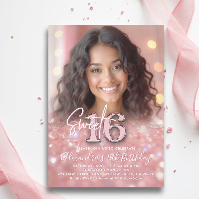 Funkelnd Blush Pink Elegantes Chic Foto Sweet 16 Einladung (sweet sixteen invitation 16th birthday sparkles glitter rose gold blush pink photo template elegant )