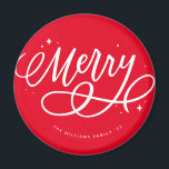 Funkelnd Bubbly Script Merry Holiday Magnet<br><div class="desc">Dieses lustige Ornament zeigt einen handgeschriebenen "fröhlichen" Gruß auf der Vorderseite und ein Foto auf der Rückseite. Es koordiniert mit Urlaubsfotokarten in der gleichen Sammlung. Danke für den Besuch meines Zazzle-Stores! Zögern Sie nicht,  DM zu kontaktieren,  wenn Sie Fragen haben.</div>