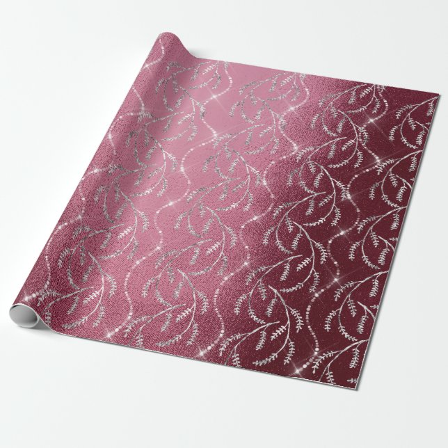 Funkelnd Burgundy Laurel Floral Silver Diamonds Geschenkpapier (Ungerollt)