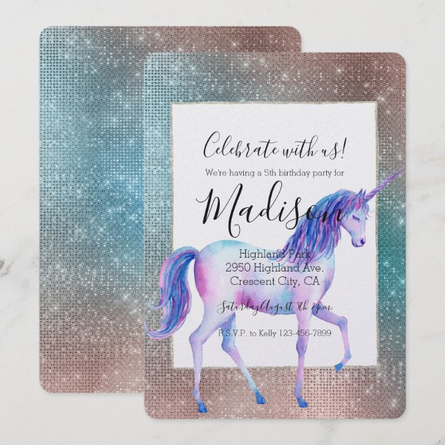 Funkelnd Einhorn zum Geburtstag Einladung (Vorne/Hinten)