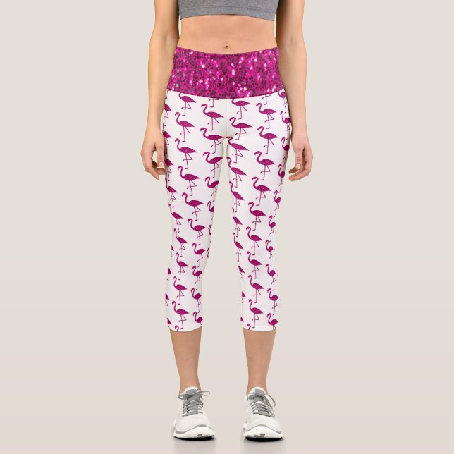 Funkelnd Flamingo-Imitate in rosa Glitzern auf wei Capri Leggings (Vorderseite)