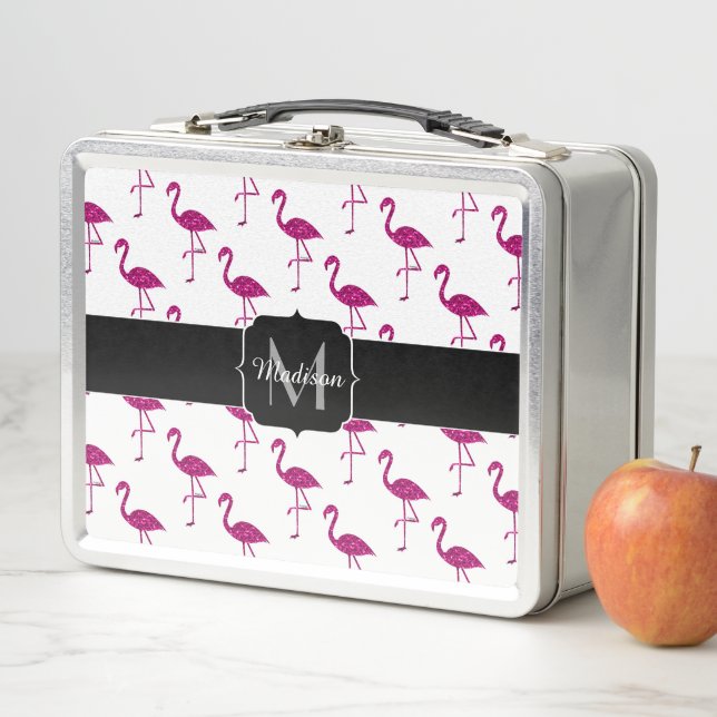 Funkelnd Flamingo Rosa Glitzer Glitzern Monogramm Metall Brotdose (Beispiel)