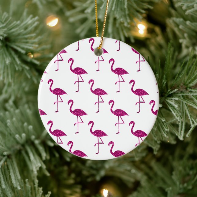 Funkelnd Flamingo Rosa Glitzer Glitzern Muster Keramik Ornament (Baum)