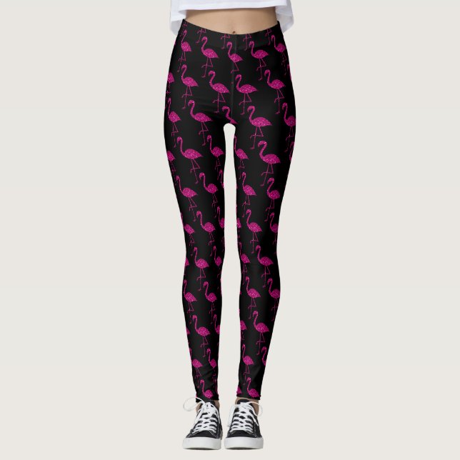 Funkelnd Flamingo Rosa Glitzer Schwarz Leggings (Vorderseite)
