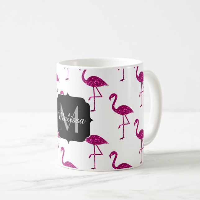 Funkelnd Flamingo Rosa Glitzern Monogramm Kaffeetasse (VorderseiteRechts)