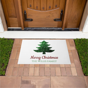 Funkelnd Frohe Weihnachtsbaumgrün Familienname Fußmatte