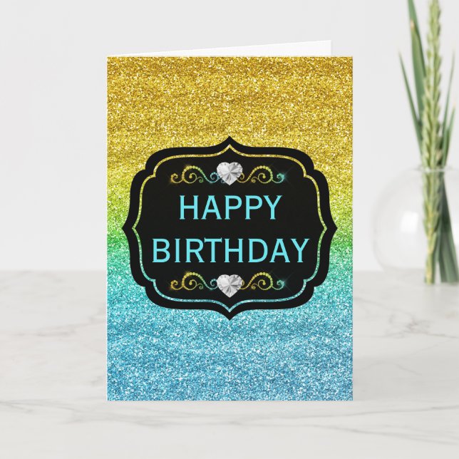 Funkelnd Gelb & Blau Gradient Glitzer Geburtstag Karte (Vorderseite)