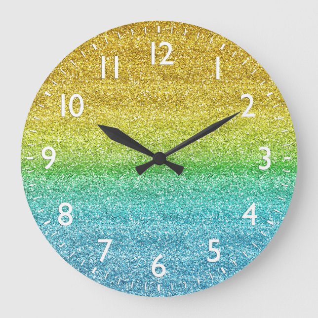 Funkelnd gelber und blauer Glitzer Große Wanduhr (Vorderseite)