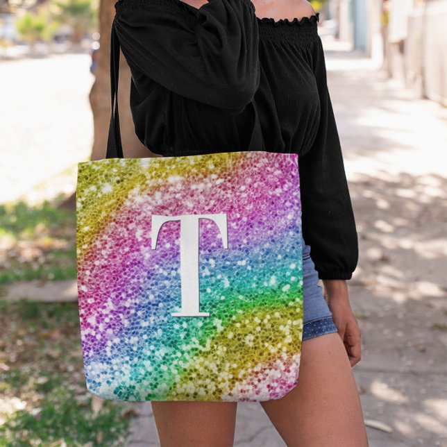 Funkelnd Girly Rainbow Chunky Glitzer Monogram (Rainbow Curve Chunky Glitter Monogram Tote Bag)