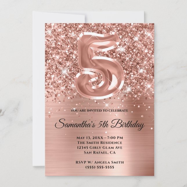 Funkelnd Glitterie Rose Gold Glam 5. Geburtstag Einladung (Vorderseite)