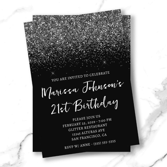 Funkelnd Glittery Black 21. Geburtstag Einladung (Sparkly Glittery Black 21st Birthday Invitation)