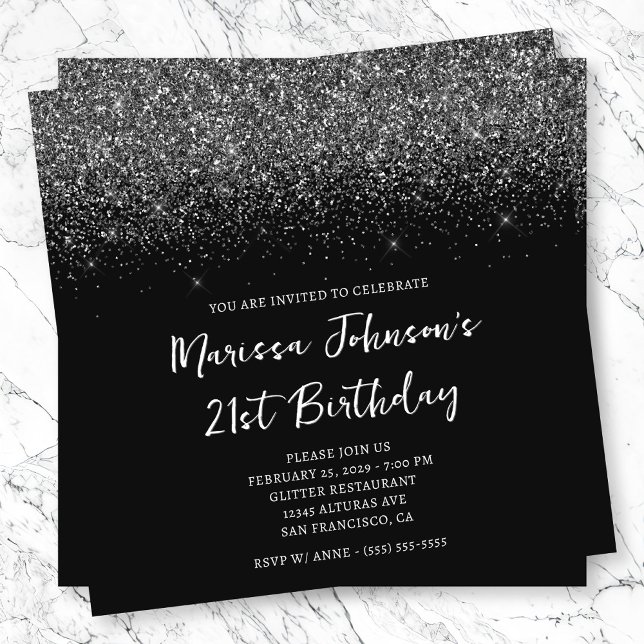 Funkelnd Glittery Black 21. Geburtstag Einladung (Sparkly Glittery Black 21st Birthday Invitation)
