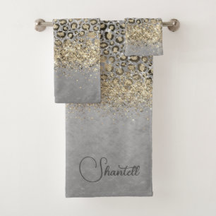 Funkelnd Glittery Gold Leopard Personalisiert Badhandtuch Set