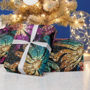 Funkelnd Glittery Lila Blue and Gold Florals Geschenkpapier