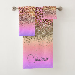 Funkelnd Glittery Rainbow Leopard Personalisiert Badhandtuch Set