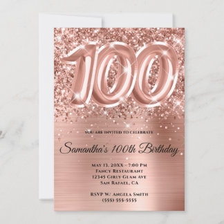 Funkelnd Glittery Rose Gold Glam 100. Geburtstag Einladung