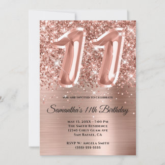 Funkelnd Glittery Rose Gold Glam 11. Geburtstag Einladung