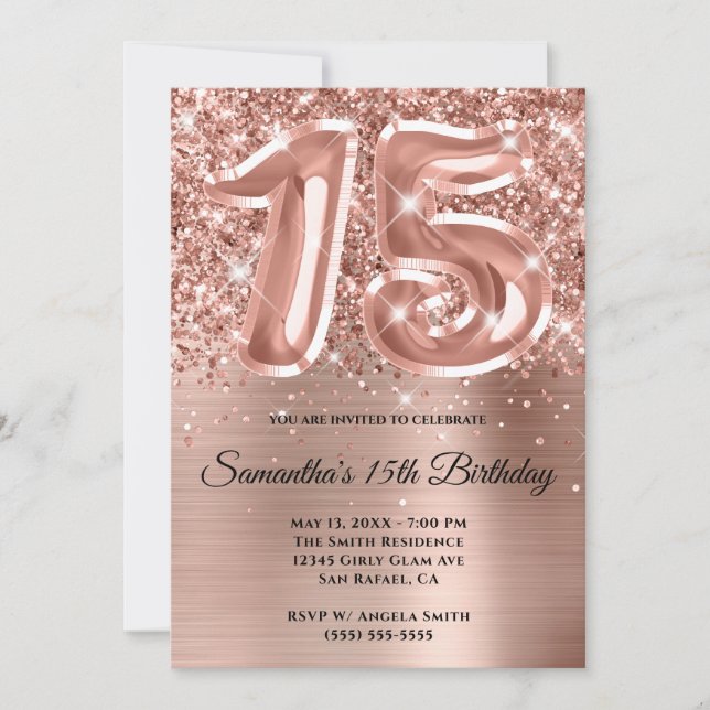 Funkelnd Glittery Rose Gold Glam 15. Geburtstag Einladung (Vorderseite)