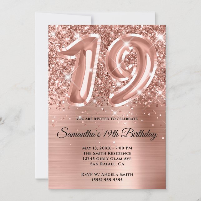 Funkelnd Glittery Rose Gold Glam 19. Geburtstag Einladung (Vorderseite)