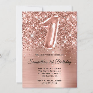 Funkelnd Glittery Rose Gold Glam 1. Geburtstag Einladung