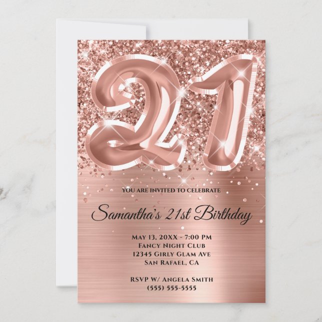 Funkelnd Glittery Rose Gold Glam 21. Geburtstag Einladung (Vorderseite)