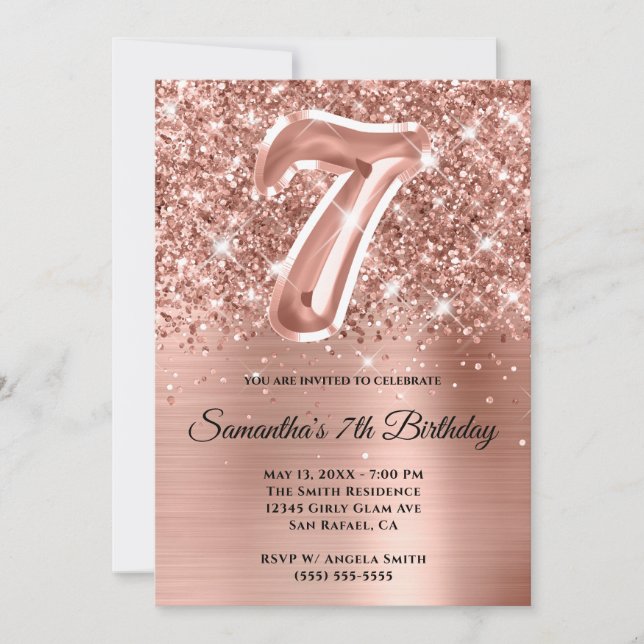 Funkelnd Glittery Rose Gold Glam 7. Geburtstag Einladung (Vorderseite)