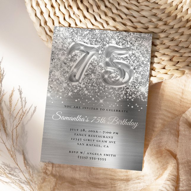Funkelnd Glittery Silver Glam 75. Geburtstag Einladung (Create your own silvery 75th milestone birthday invite.)