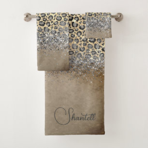 Funkelnd Glittery Silver Leopard Personalisiert Badhandtuch Set
