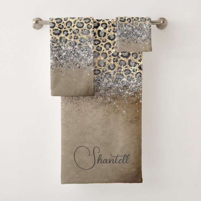 Funkelnd Glittery Silver Leopard Personalisiert Badhandtuch Set (Insitu)