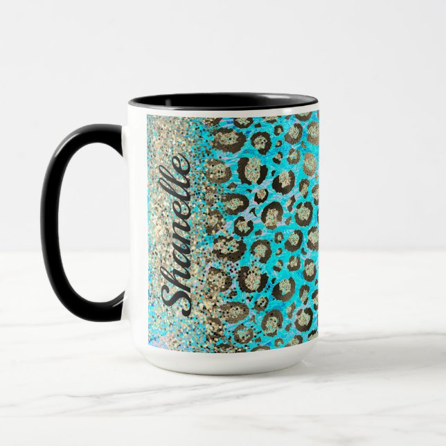 Funkelnd Glittery Türkis Leopard Tasse (Links)