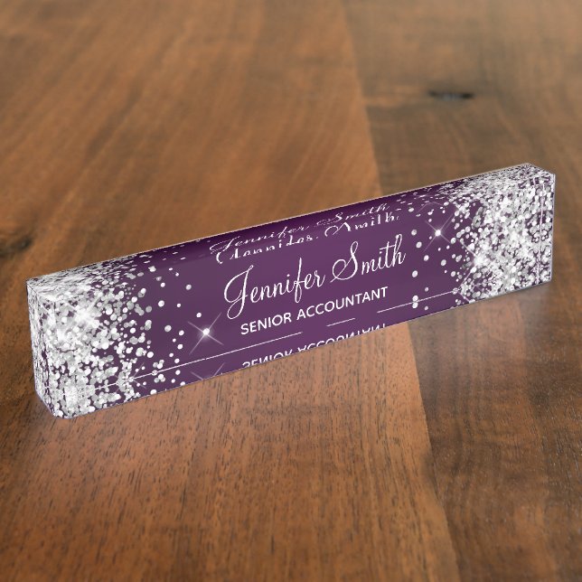 Funkelnd Glitzer Eggplant Gradient Namensplakette (Seite)