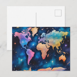 Funkelnd Glitzer Weltkarte - Wasserfarbenzug Kunst Postkarte