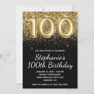 Funkelnd Gold Glitzer Black Balloon 100. Geburtsta Einladung