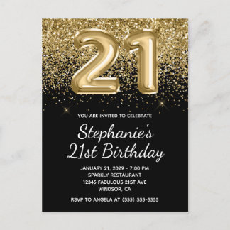 Funkelnd Gold Glitzer Black Balloon 21. Geburtstag Einladungspostkarte