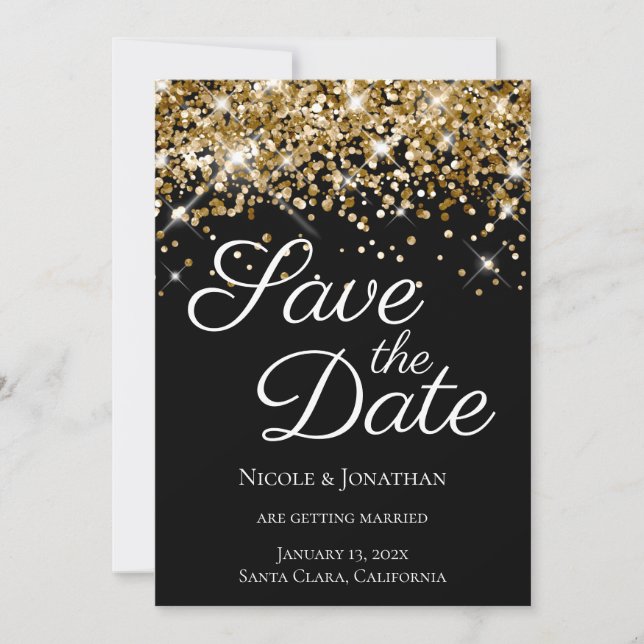 Funkelnd Gold Glitzer Black Elegante Kalligrafie Save The Date (Vorderseite)