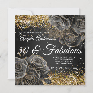 Funkelnd Gold Glitzer Black Rose Glam 50 & Fabulou Einladung