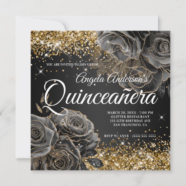 Funkelnd Gold Glitzer Black Rose Glam Quinceañera Einladung (Vorderseite)