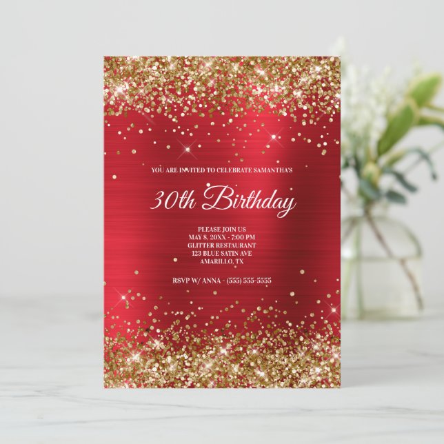 Funkelnd Gold Glitzer Bright Red Satin Foil Einladung (Stehend Vorderseite)