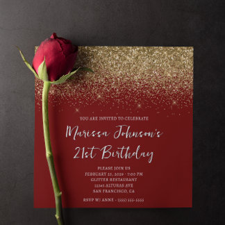 Funkelnd Gold Glitzer Deep Red 21. Geburtstag Einladung