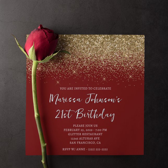 Funkelnd Gold Glitzer Deep Red 21. Geburtstag Einladung (Sparkly Gold Glitter Deep Red 21st Birthday Invitation)