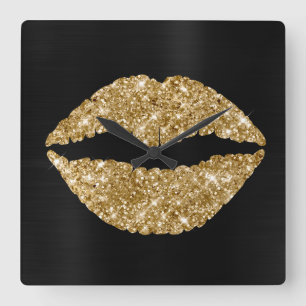 Funkelnd Gold Glitzer Lipstick Schwarz Foil Quadratische Wanduhr