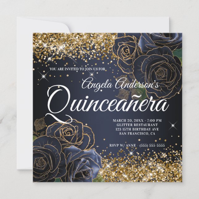 Funkelnd Gold Glitzer Navy Blue Rosen Quinceañera Einladung (Vorderseite)