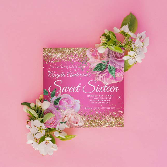 Funkelnd Gold Glitzer Rosa Rose Glam Sweet 16 Einladung (Create your own Sweet 16 birthday invitation for her.)