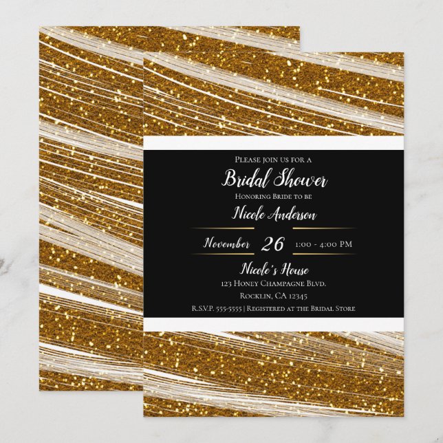 Funkelnd Gold Glitzer & White Sparkle Moderner Gla Einladung (Vorne/Hinten)