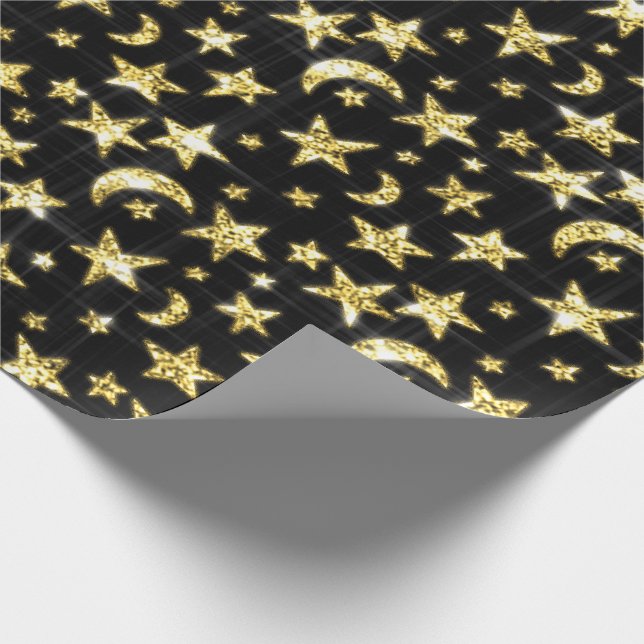 Funkelnd Gold Stars Moon Black Sky Black Geschenkpapier (Ecke)