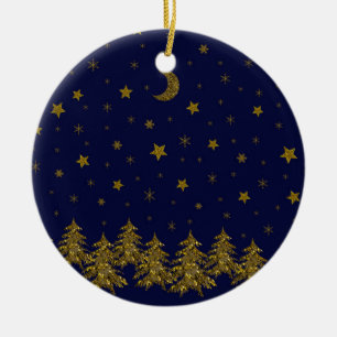 Funkelnd Goldweihnachtsbaum, Mond, Sterne auf Blau Keramik Ornament