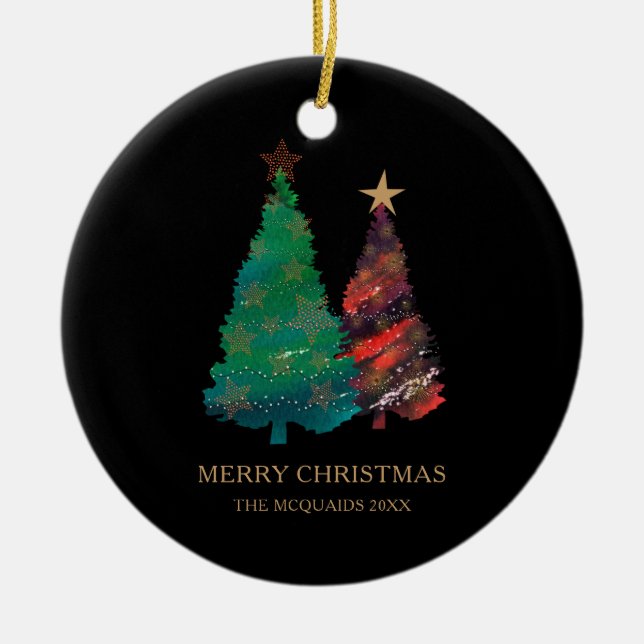 Funkelnd, handgemalte Weihnachtsbäume Keramik Ornament (Vorne)