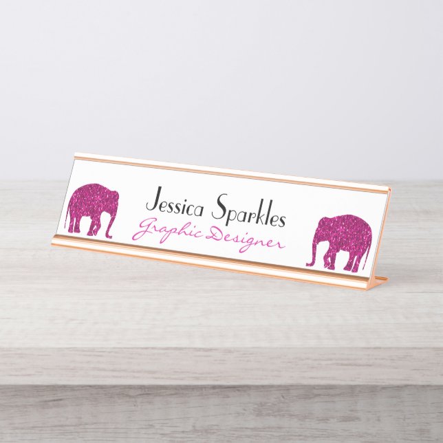 Funkelnd Hot-Rosa Elephant Imitate Glitzern Ihr Na Schreibtischnamensplakette (Vorderseite )