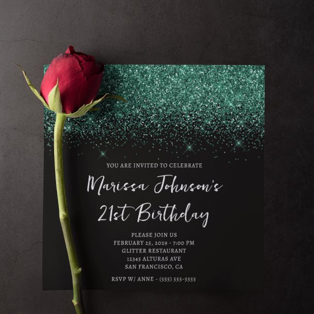 Funkelnd Hunter Green Glitzer Black 21. Geburtstag Einladung (Sparkly Hunter Green Glitter Black 21st Birthday Invitation)