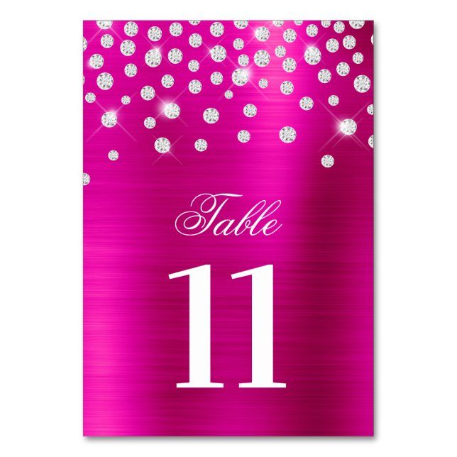 Funkelnd Imitate Silver Diamonds Hot Pink Satin Fo Tischnummer (Vorderseite)